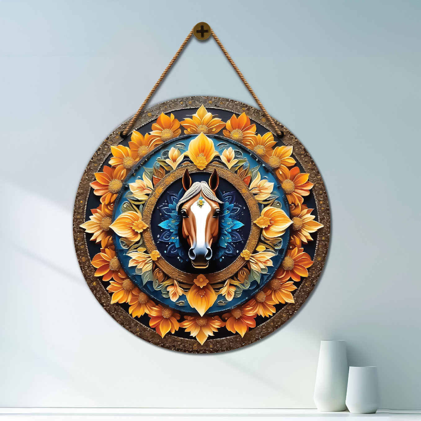 Horse in floral and blue mandala Round Wooden Wall Hanging for wall Décor - Design - 90