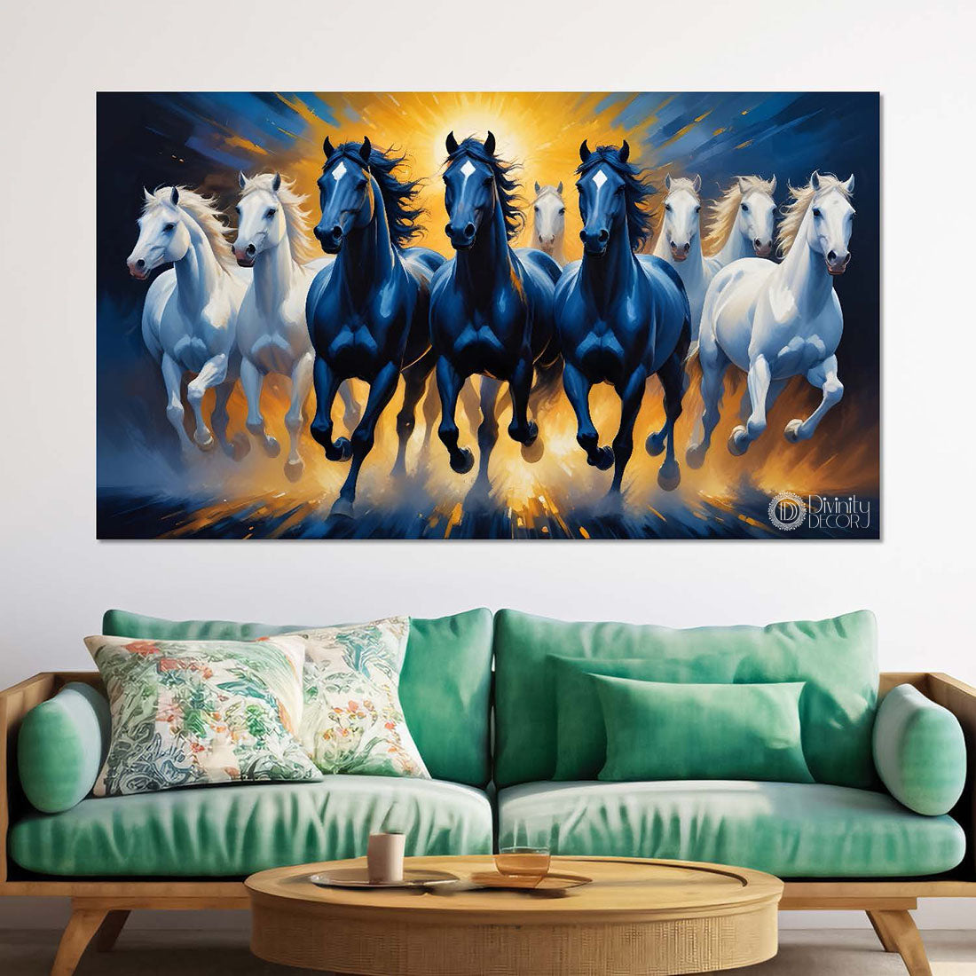 Blue and white running horses on the water with sun and dark blue textured background art Canvas Painting - Design - Horse-90