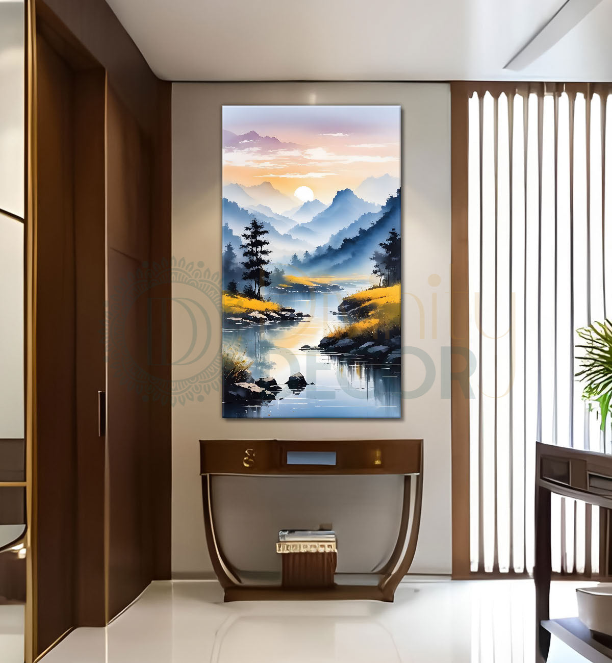 Mountains with lake and grreenery in textured painting Canvas Painting - Nature Art -V-90