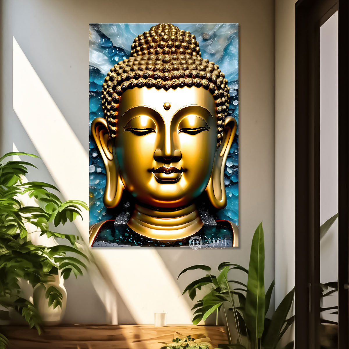 Golden buddha with sky blue background textured painting - Buddha-V-91