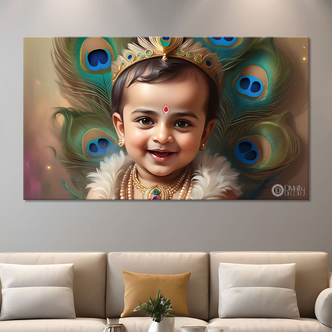 Little Krishna with peacock feathers painting Canvas Painting - Design - Krishna-91