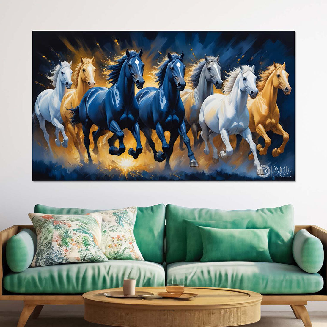 Brown, blue and white running horses in yellow and dark blue textured background art Canvas Painting - Design - Horse-91