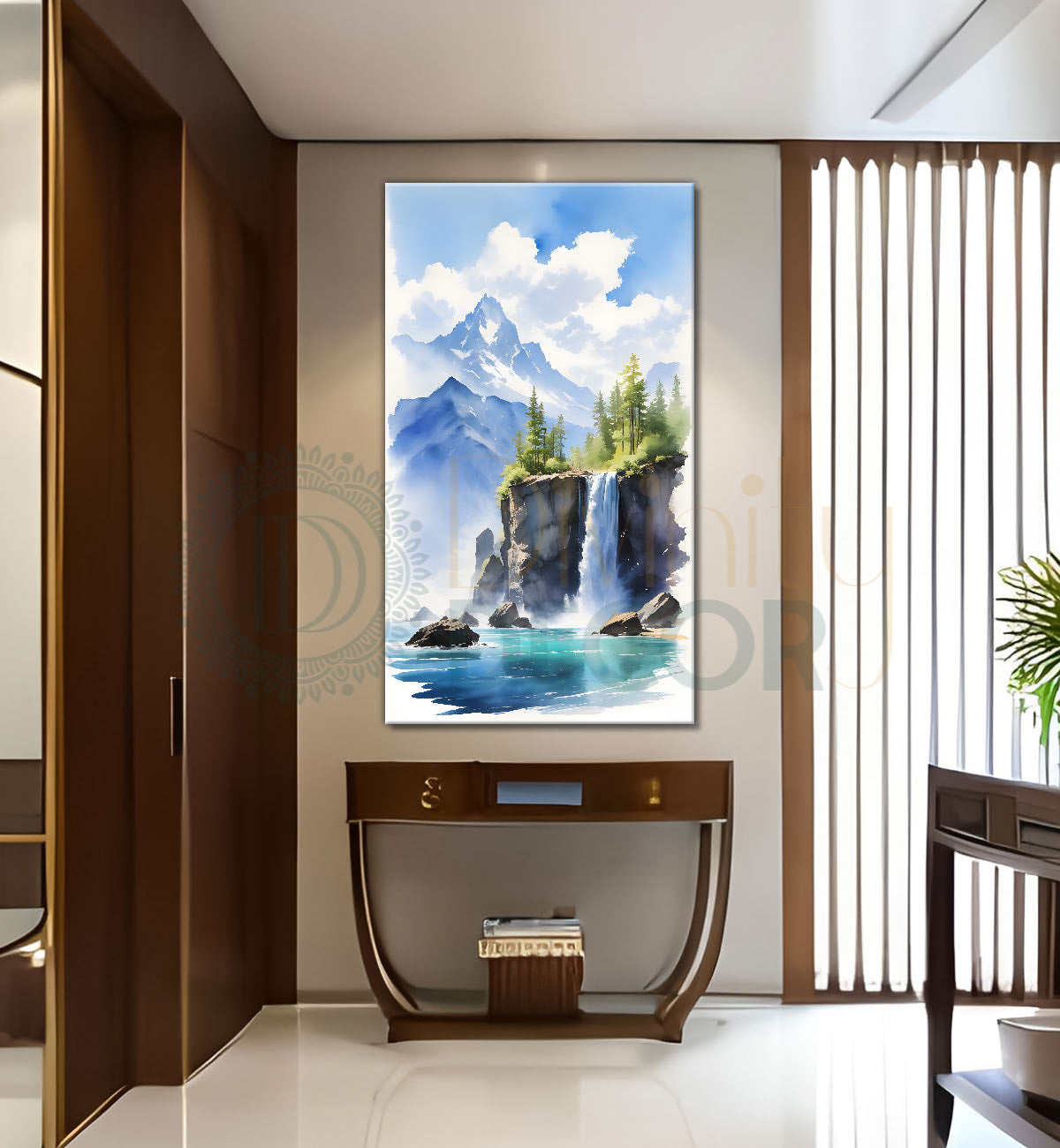 Waterfall with mountains and river with greenery in textured water colour painting Canvas Painting - Nature Art -V-91