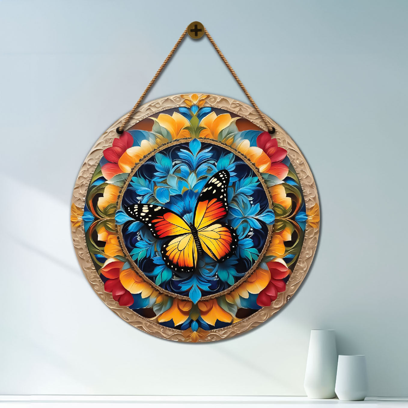 Yellow butterfly in blue and yellow mandala Round Wooden Wall Hanging for wall Décor - Design - 91