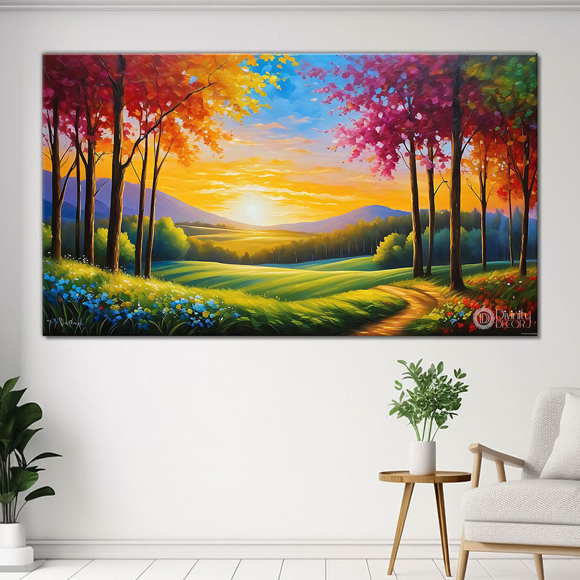 Colorful trees with grass and mountains textured painting Canvas Painting - Nature Art -91