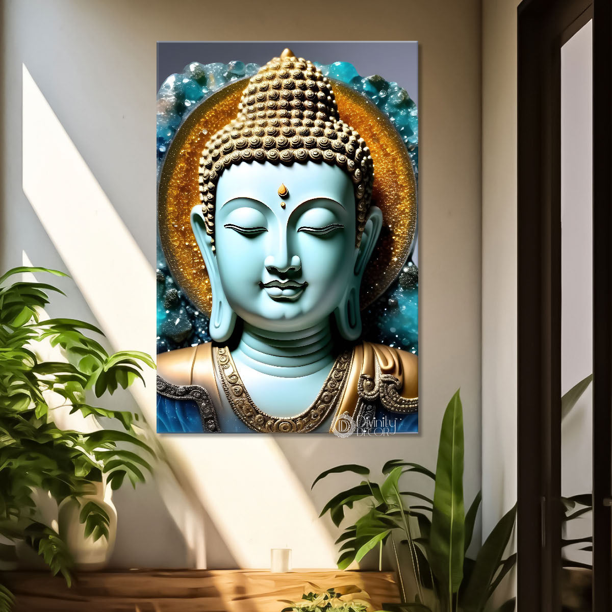 Sky blue buddha with yellow chakra background painting - Buddha-V-92