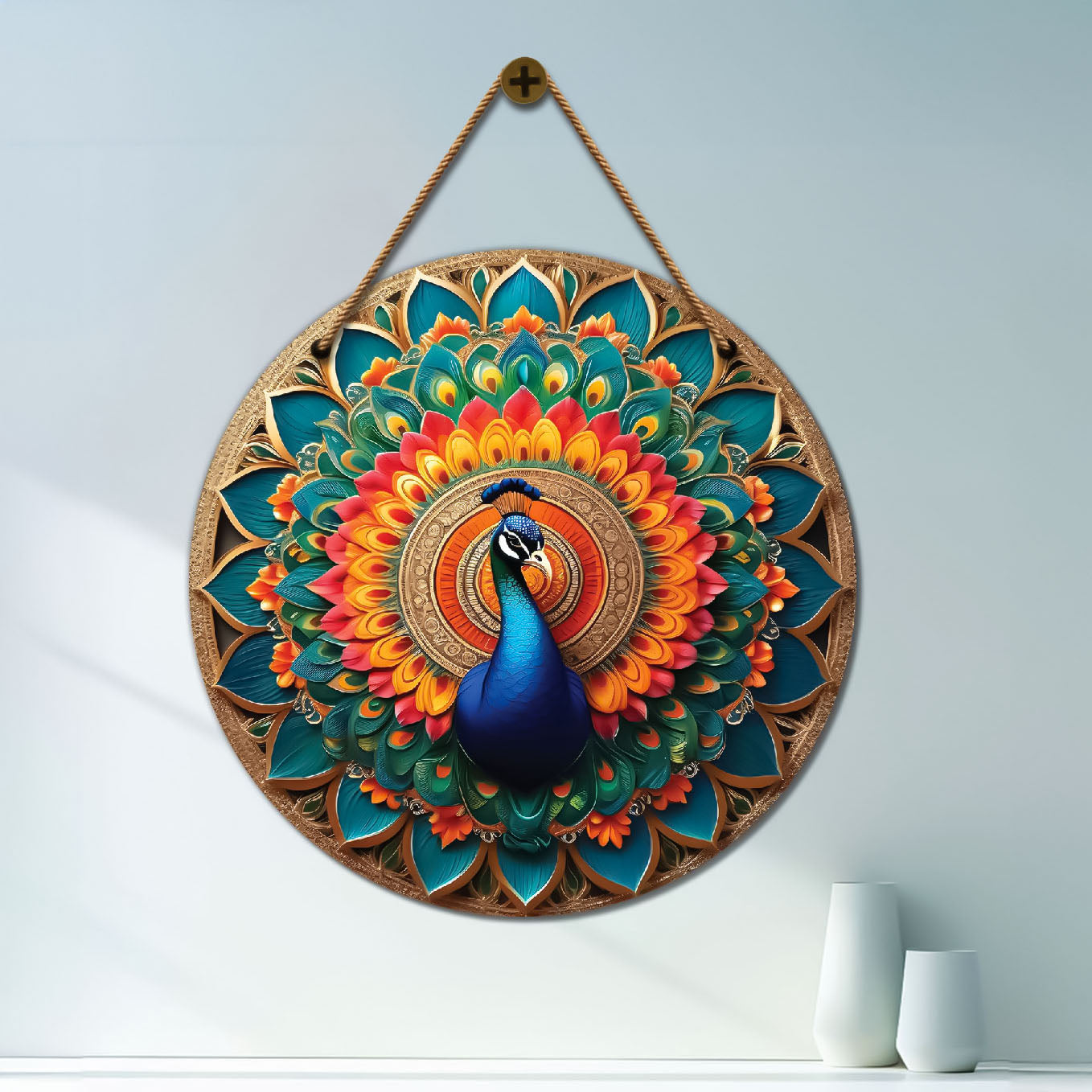 Peacock in orange and green mandala Round Wooden Wall Hanging for wall Décor - Design - 92