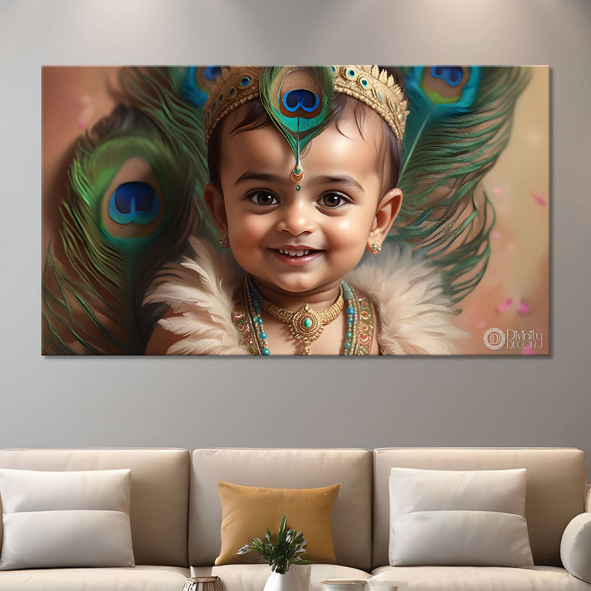 Little Krishna with peacock feathers painting Canvas Painting - Design - Krishna-92