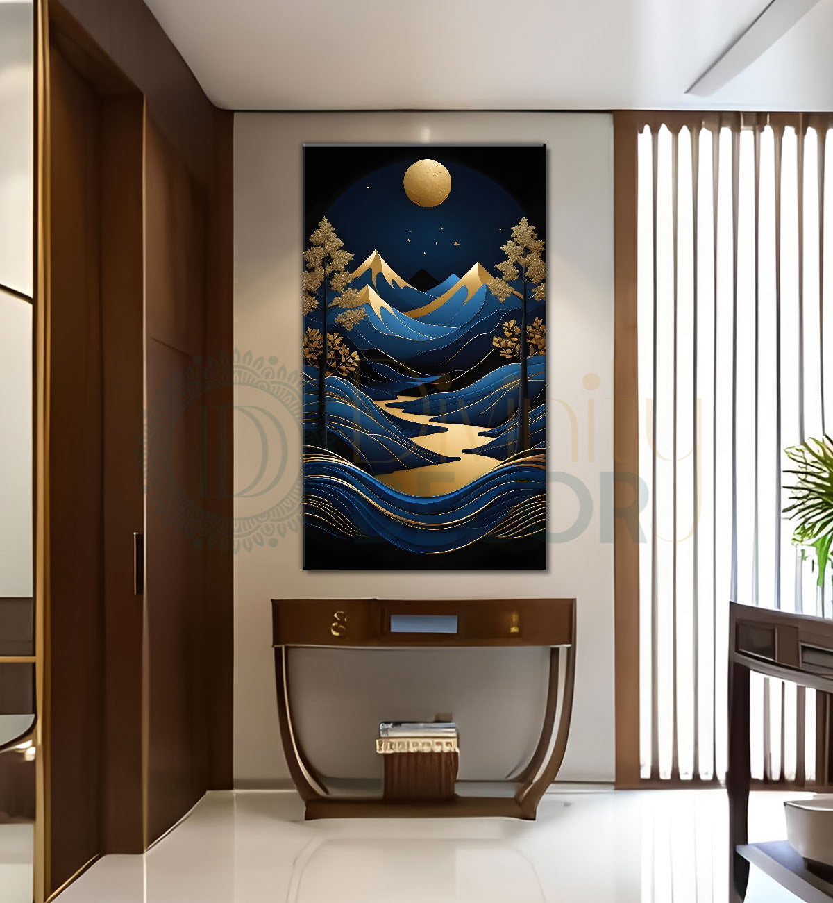 Blue mountains with golden moon and trees textured natural art Canvas Painting - Nature Art -V-92