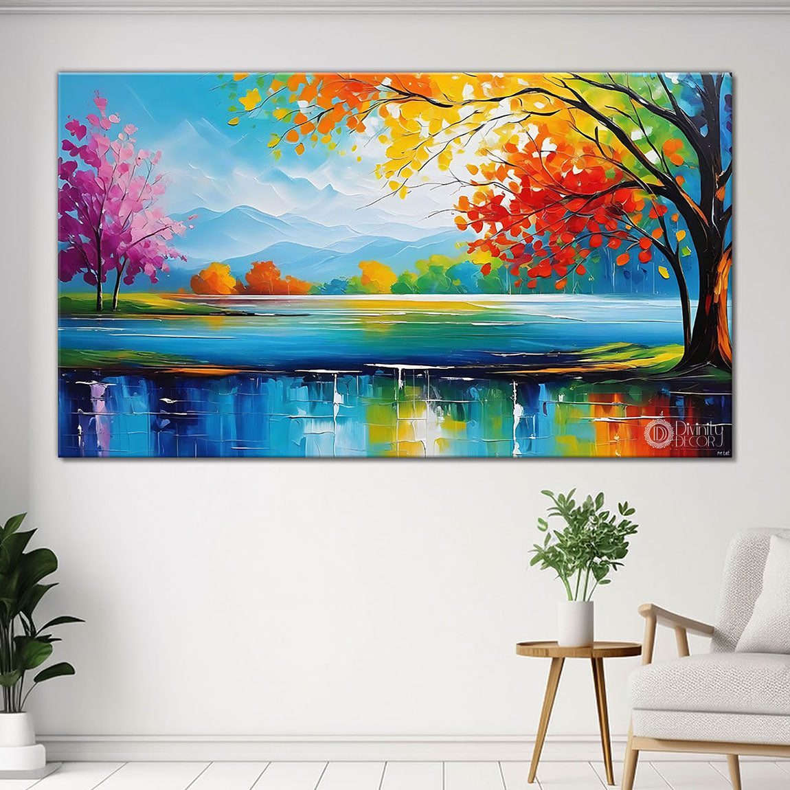 Colorful tree with mountains and lake in textured painting Canvas Painting - Nature Art -92