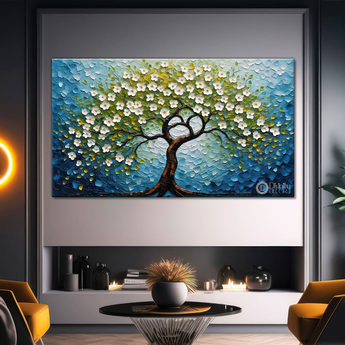 White flower tree in textured background oil painting Canvas Painting - Design - Tree-92