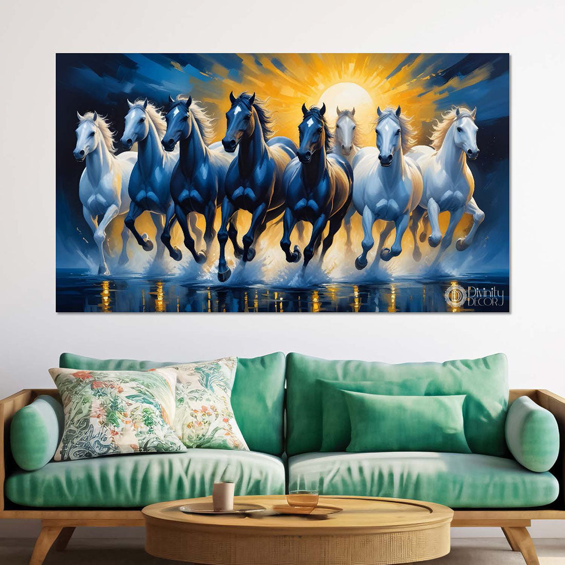 Blue and white running horses on the water with sun and dark blue textured background art Canvas Painting - Design - Horse-92