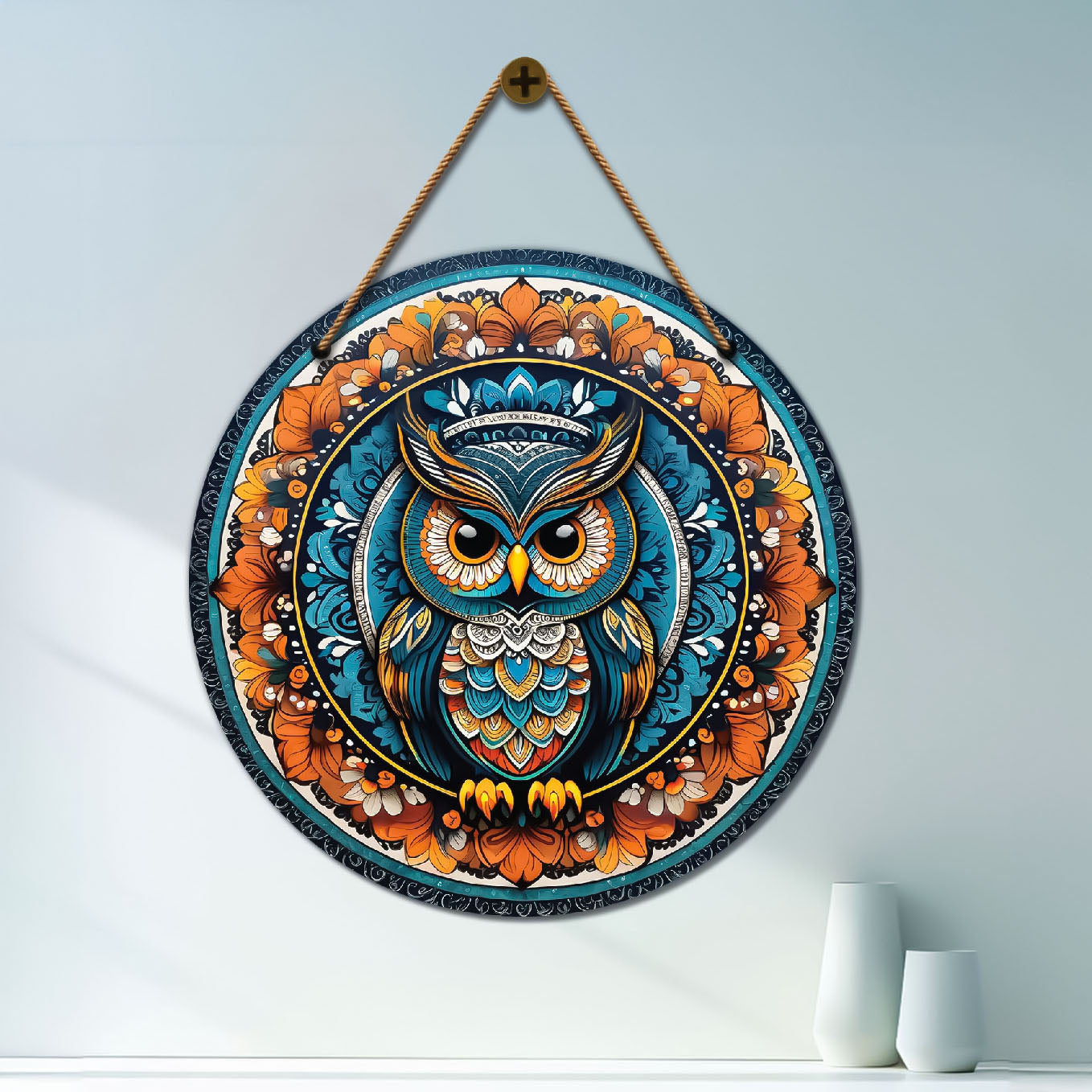 Owl in brown and blue mandala Round Wooden Wall Hanging for wall Décor - Design - 93