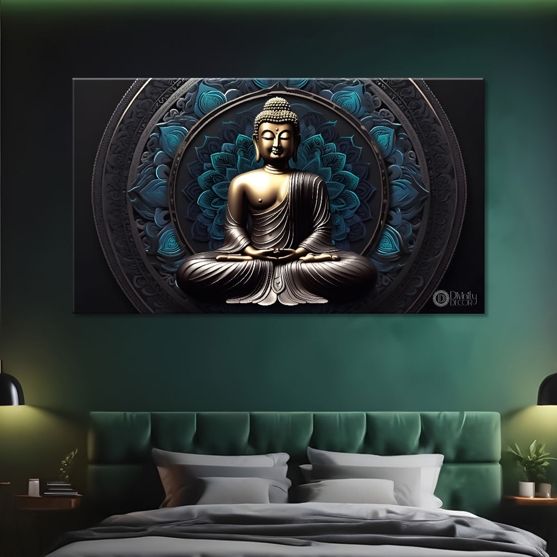 Golden buddha with blue textured painting Canvas Wall Painting - Buddha-93