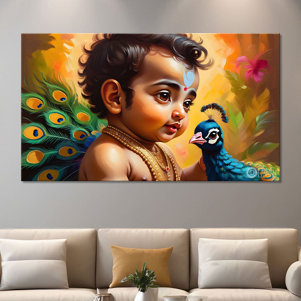 Little Krishna with peacock painting Canvas Painting - Design - Krishna-93