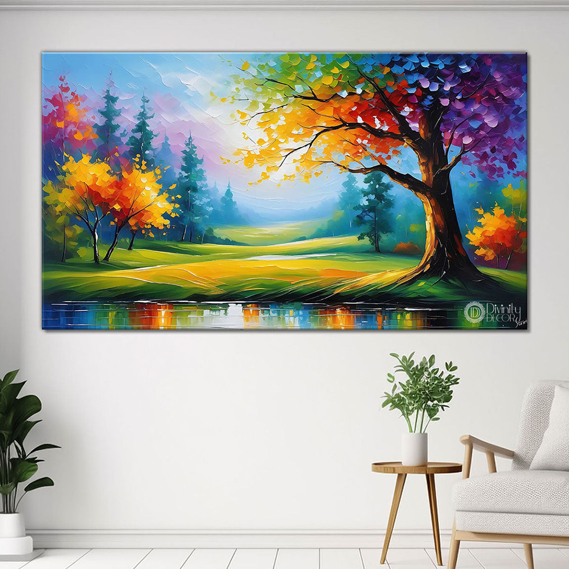 Colorful tree with mountains and lake in textured painting Canvas Painting - Nature Art -93