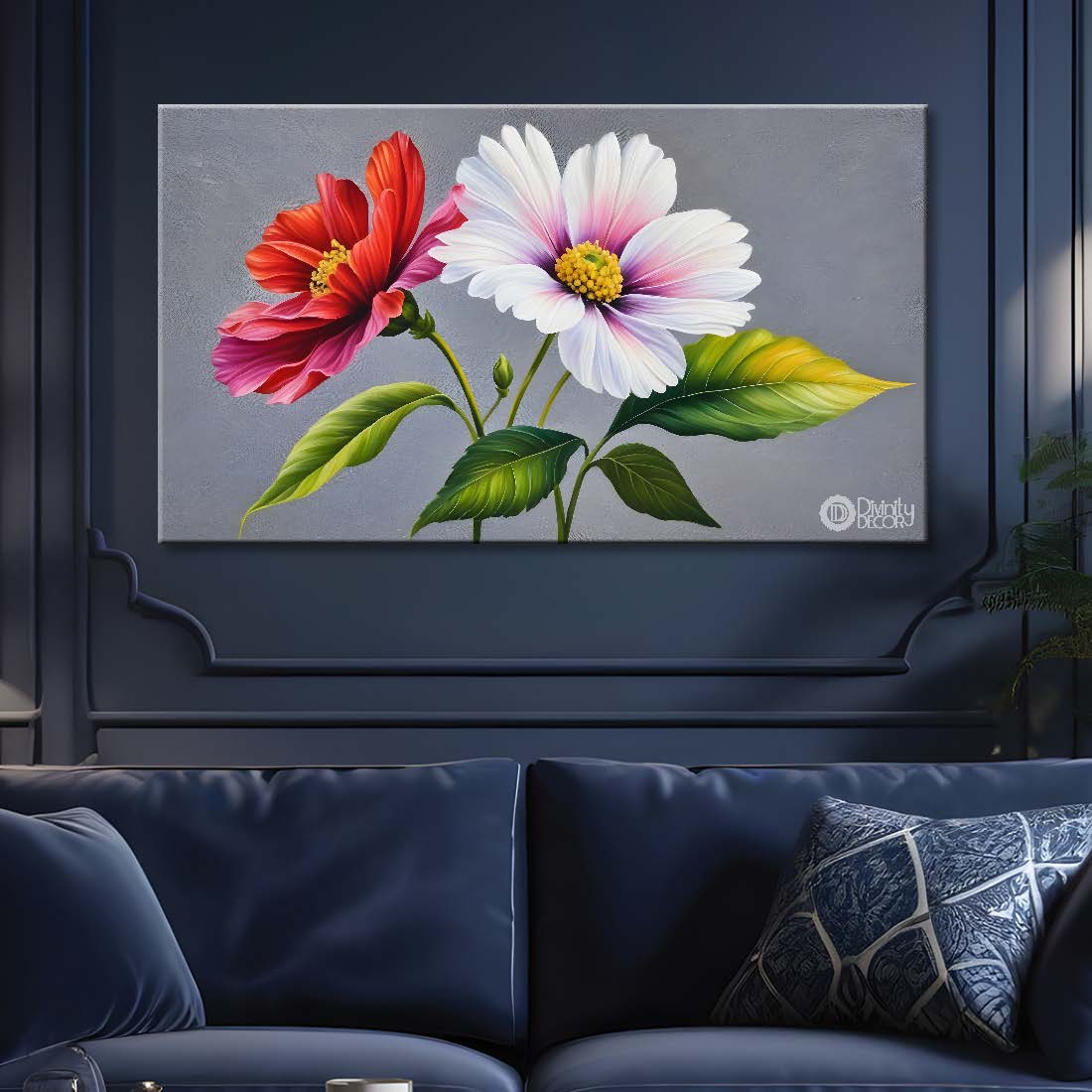 White and red flowers with grey textured background painting- Design - Flower-93