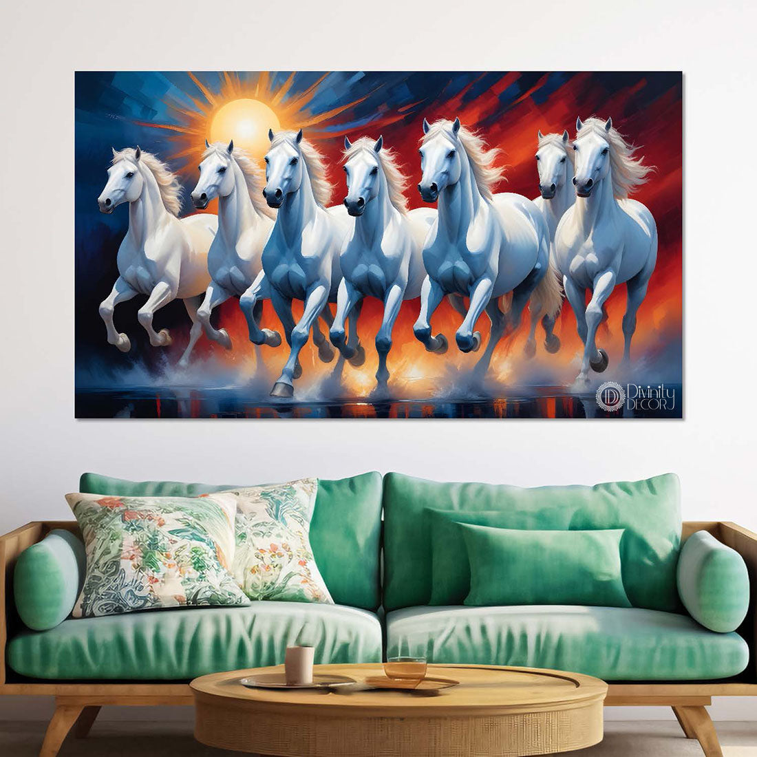 White running horses on the water with sun and red and blue textured background art Canvas Painting - Design - Horse-93