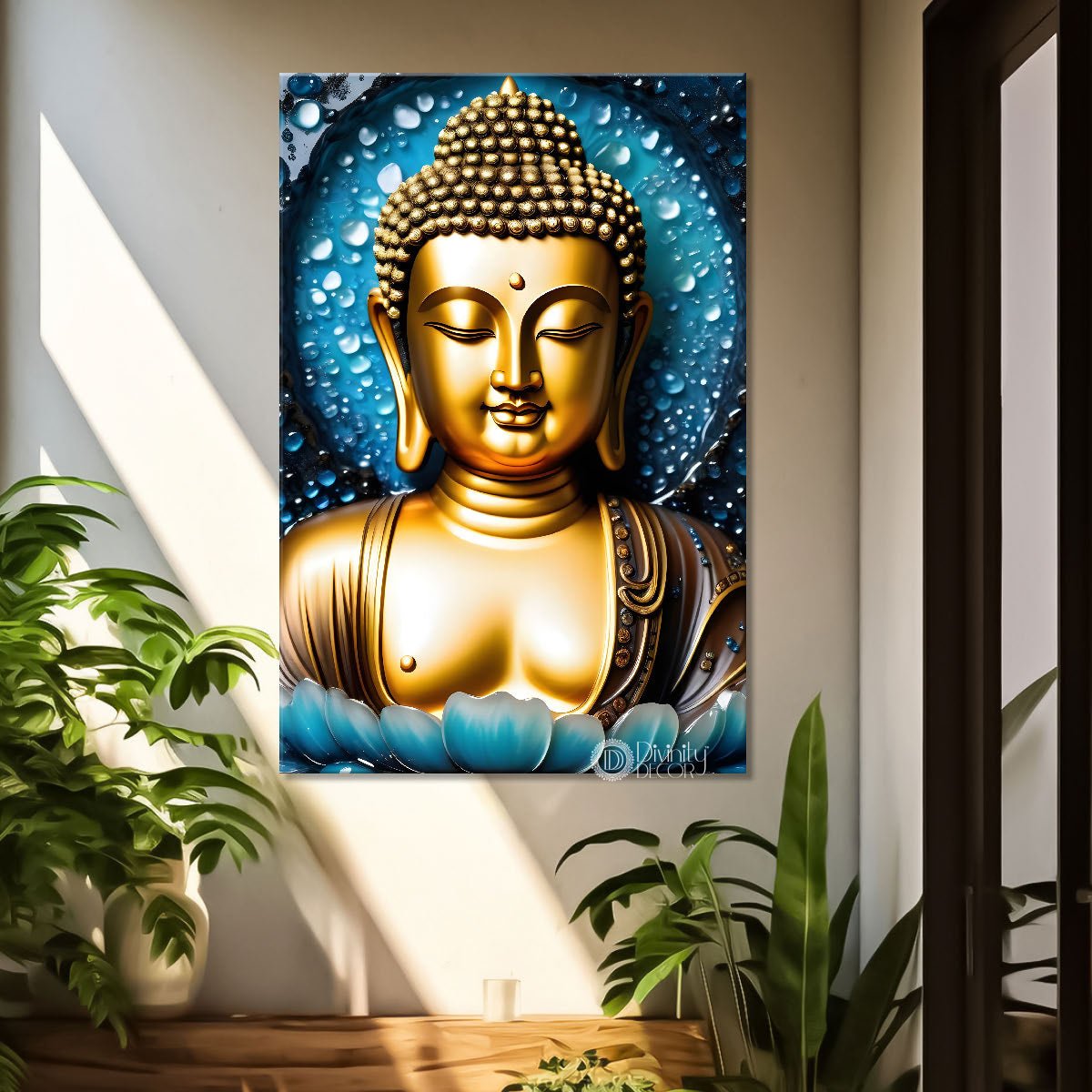 Golden buddha with blue background painting - Buddha-V-93