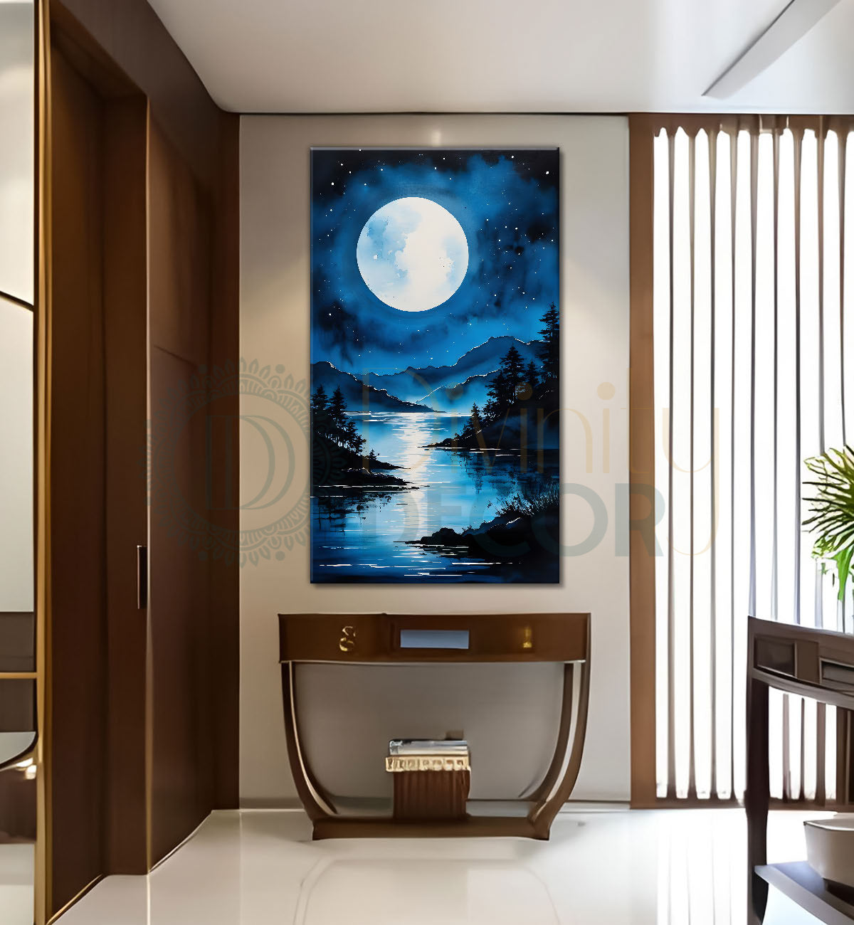 Lake with moon in dark textured painting Canvas Painting - Nature Art -V-93