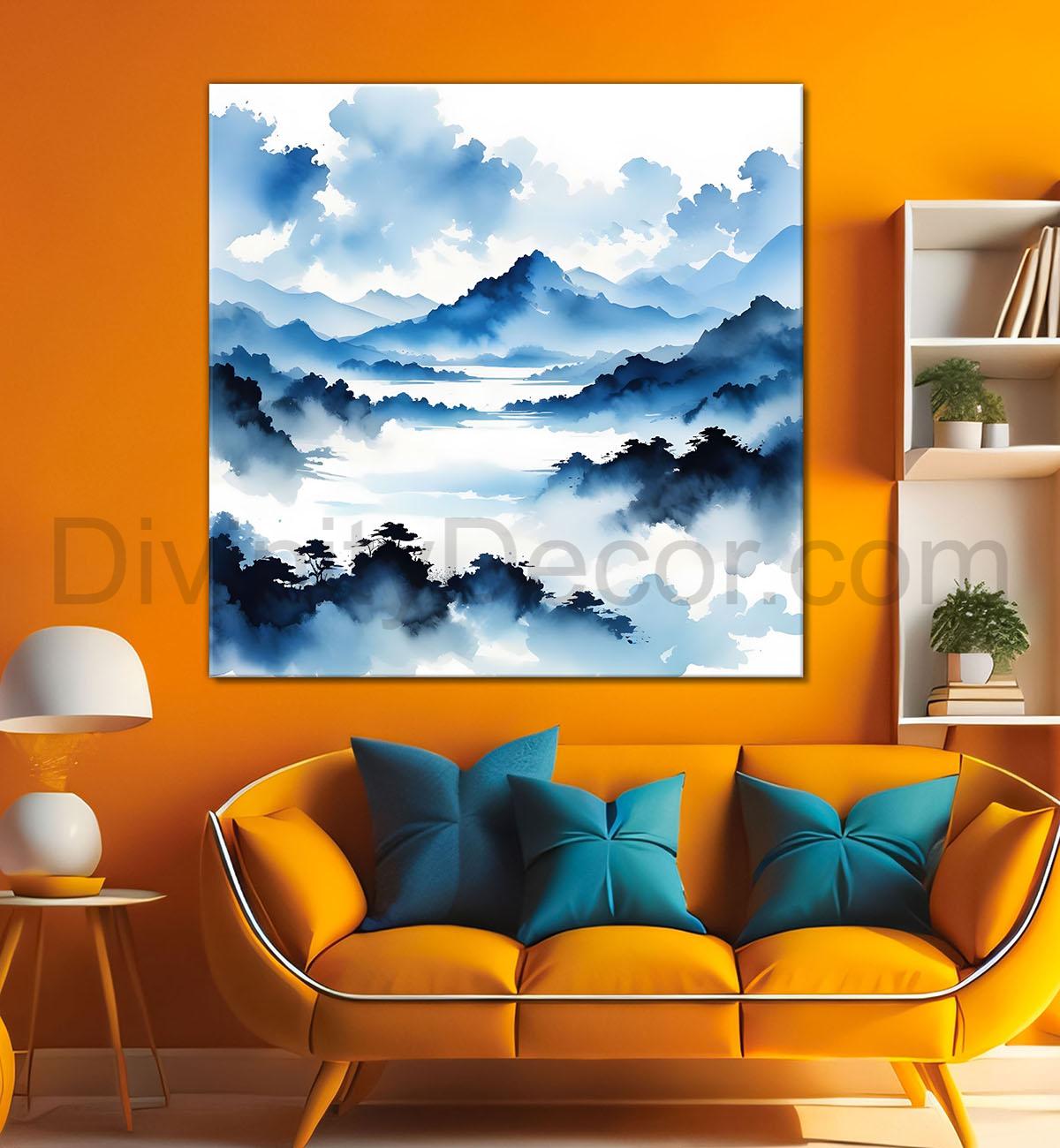 Mountains in the clouds water colour painting 24X24  - Nature Art -S-93