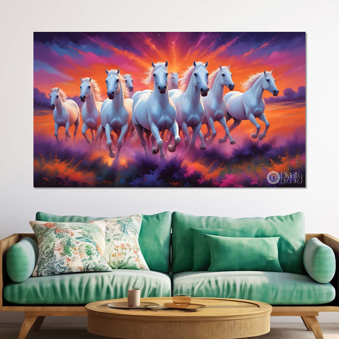 White running horses on the field with orange and purple textured background art Canvas Painting - Design - Horse-94