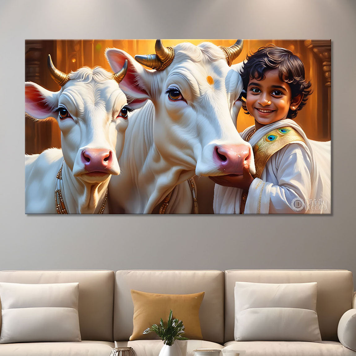 Little Krishna with cows painting Canvas Painting - Design - Krishna-94