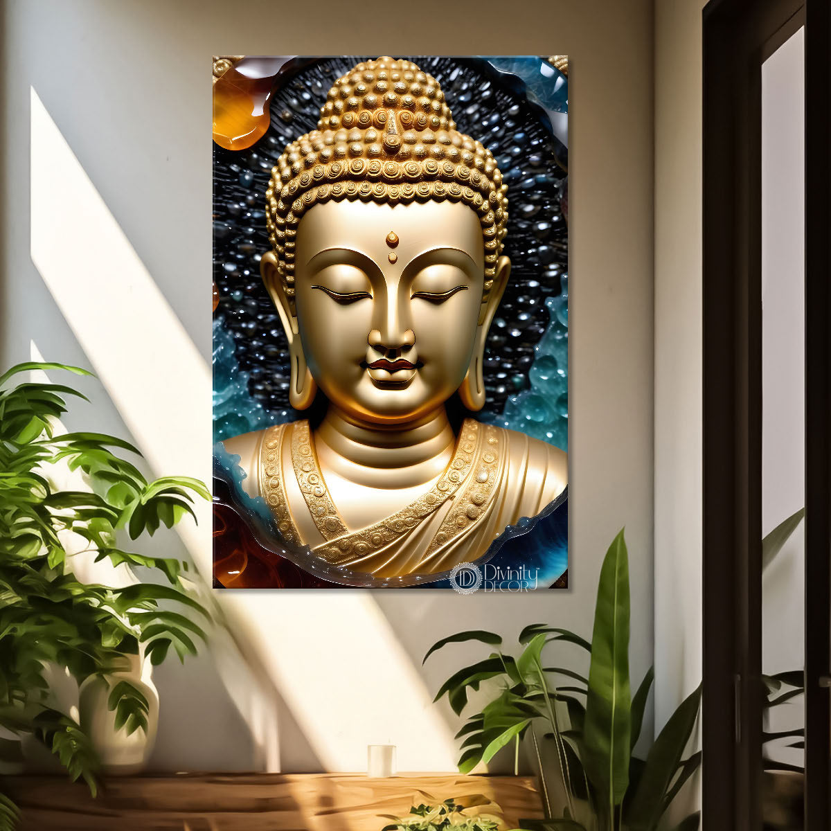 Golden buddha with blue background painting- Buddha-V-94