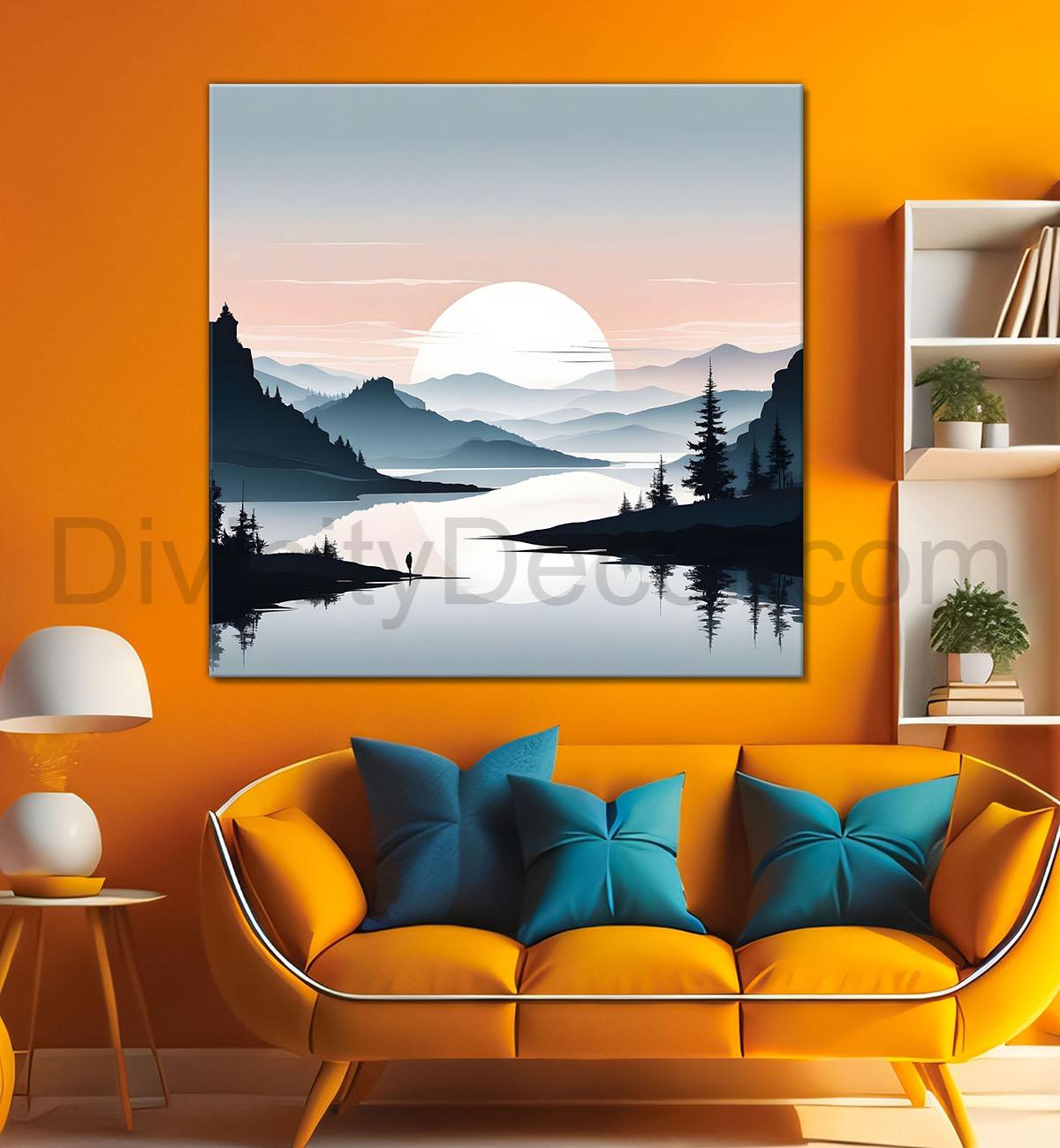 Mountains with sun and trees water colour painting   24X24  - Nature Art -S-95