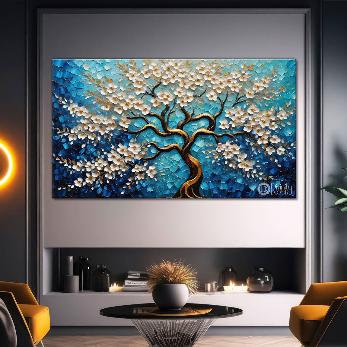 White flower tree in textured background oil painting Canvas Painting - Design - Tree-95