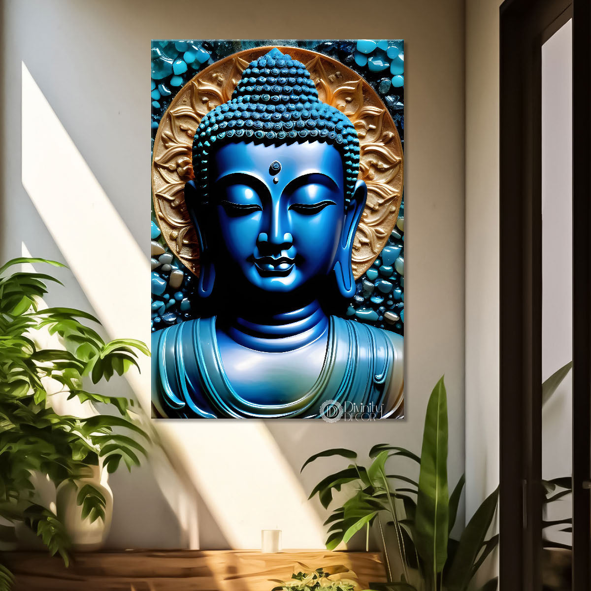 Blue buddha face with golden background textured painting - Buddha-V-95