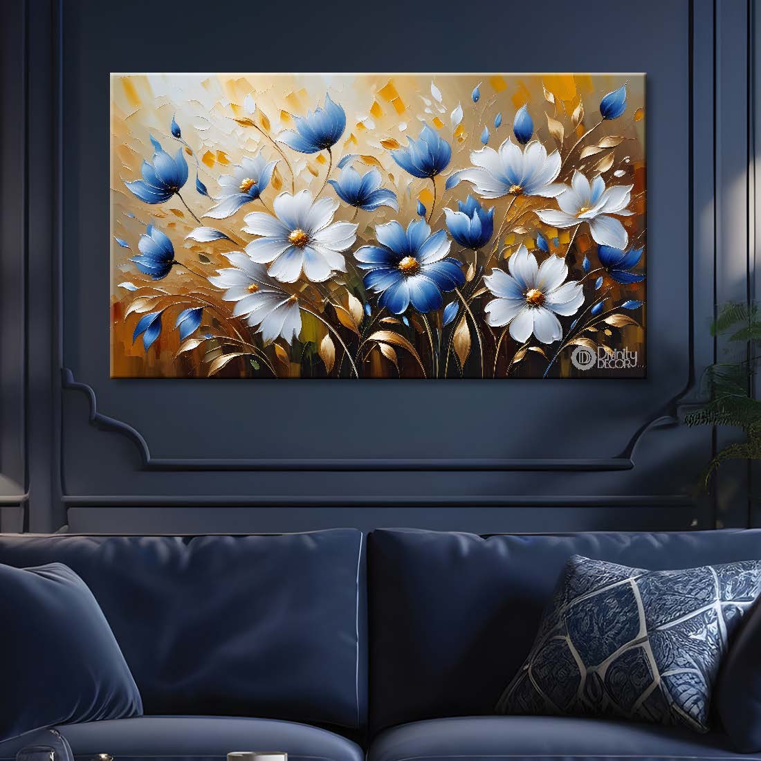 White and blue flowers with golden textured background painting- Design - Flower-95