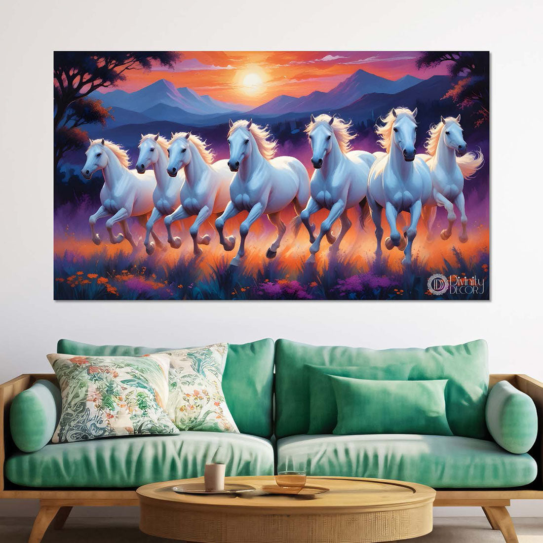 White running horses on the field with mountains and trees in sunrise and purple textured background art Canvas Painting - Design - Horse-95