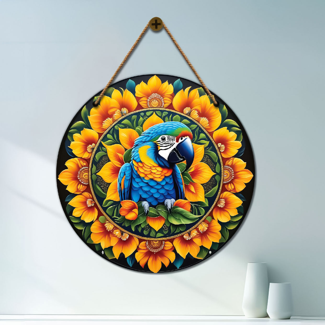 Parrot in green and floral mandala Round Wooden Wall Hanging for wall Décor - Design - 95