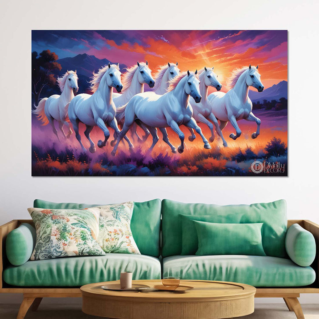 White running horses on the field with mountains and trees in sunrise and purple textured background art Canvas Painting - Design - Horse-96
