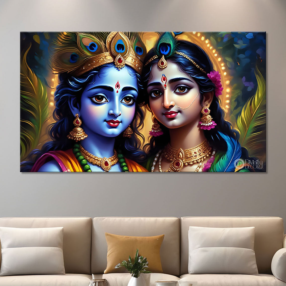 Blue face Krishna and Radha with grey painting Canvas Painting - Design - Krishna-96