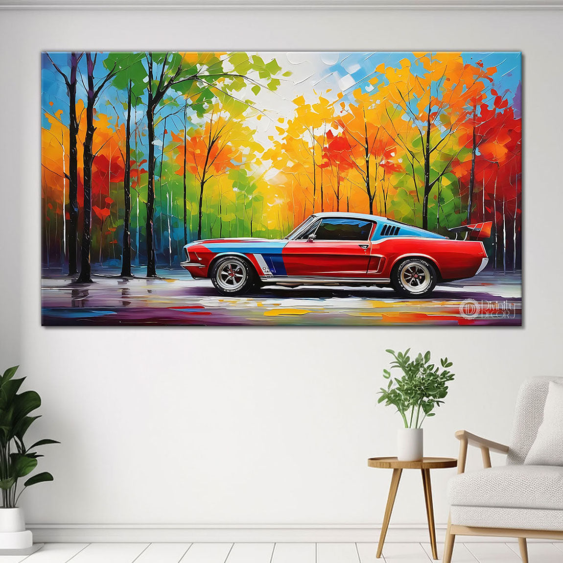 Colorful tree with red car on road in textured painting Canvas Painting - Nature Art -96