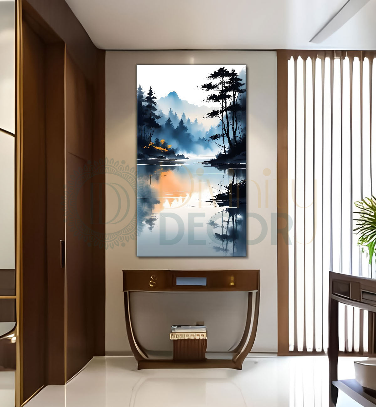 Mountains with lake and trees in  grey white textured water colour painting Canvas Painting - Nature Art -V-96