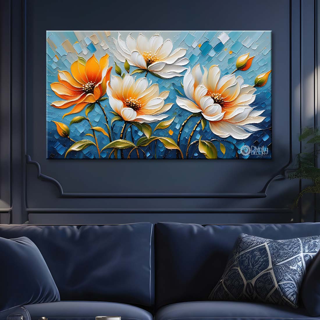 White and yellow flowers with blue textured background painting- Design - Flower-96