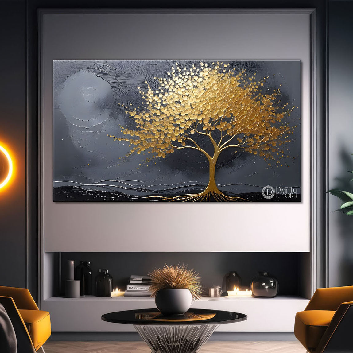 Golden tree in grey textured modern art Canvas Painting - Design - Tree-96