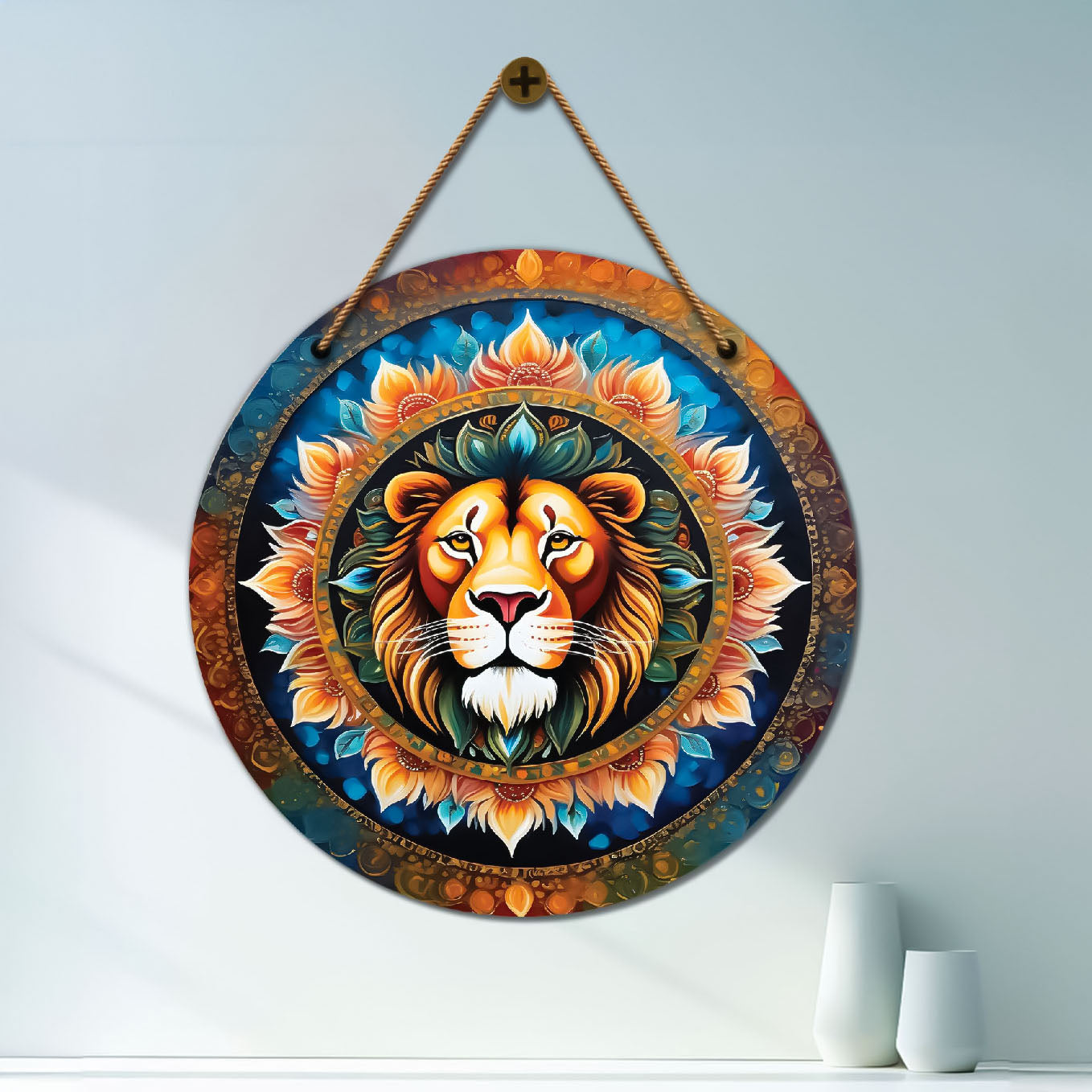 Lion in yellow and blue mandala Round Wooden Wall Hanging for wall Décor - Design - 96