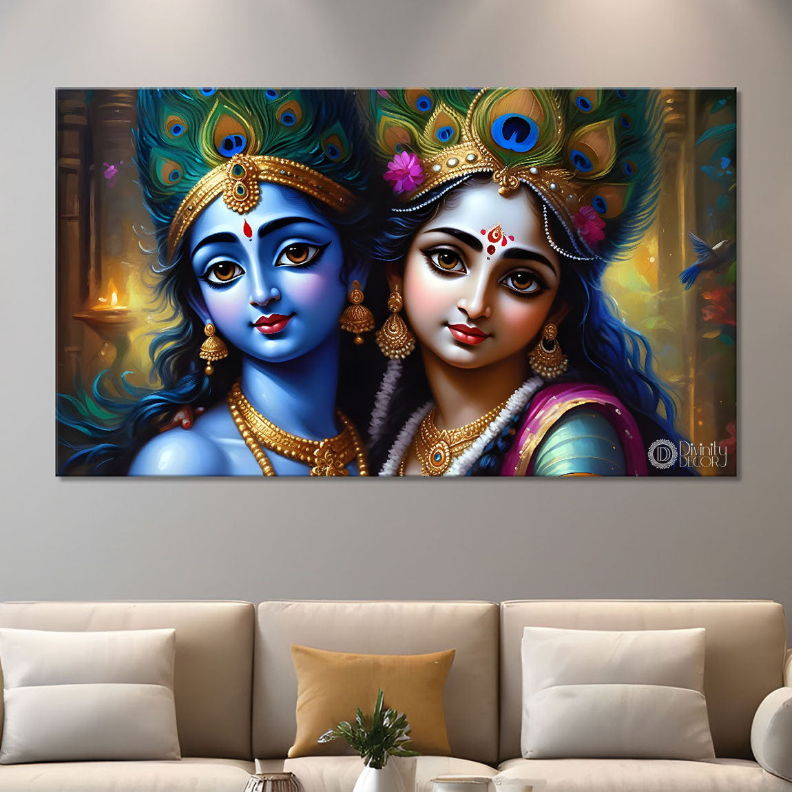 Blue face Krishna and Radha with yellow painting Canvas Painting - Design - Krishna-97