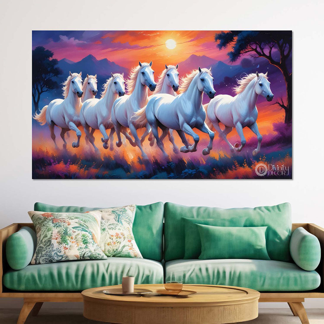 White running horses on the field with mountains and trees in sunrise and purple textured background art Canvas Painting - Design - Horse-97
