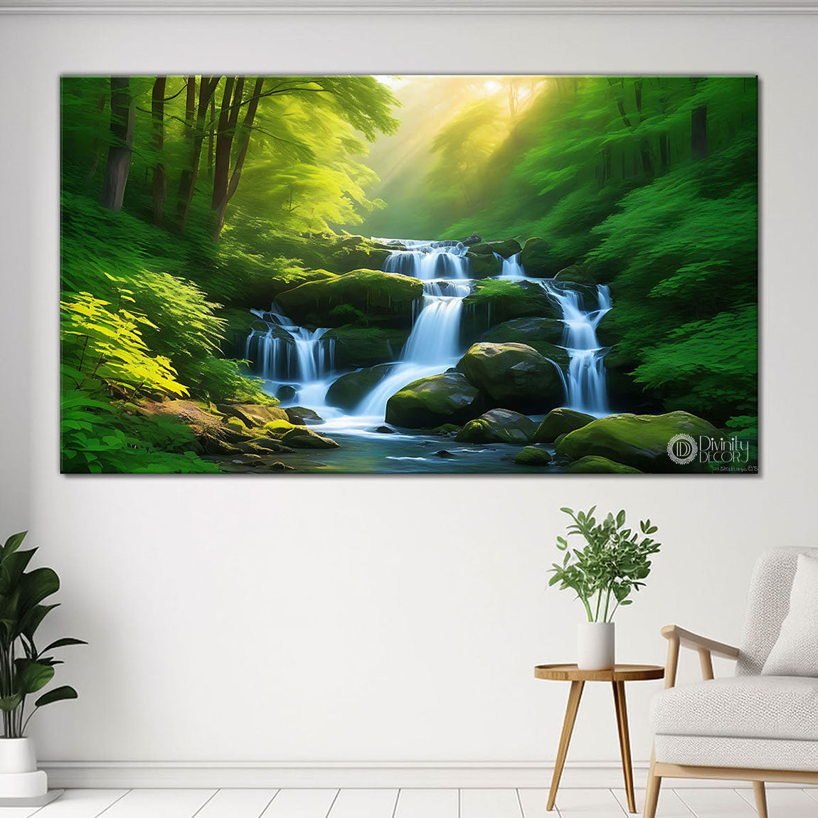 Waterfall on stones with greenery in textured painting Canvas Painting - Nature Art -97