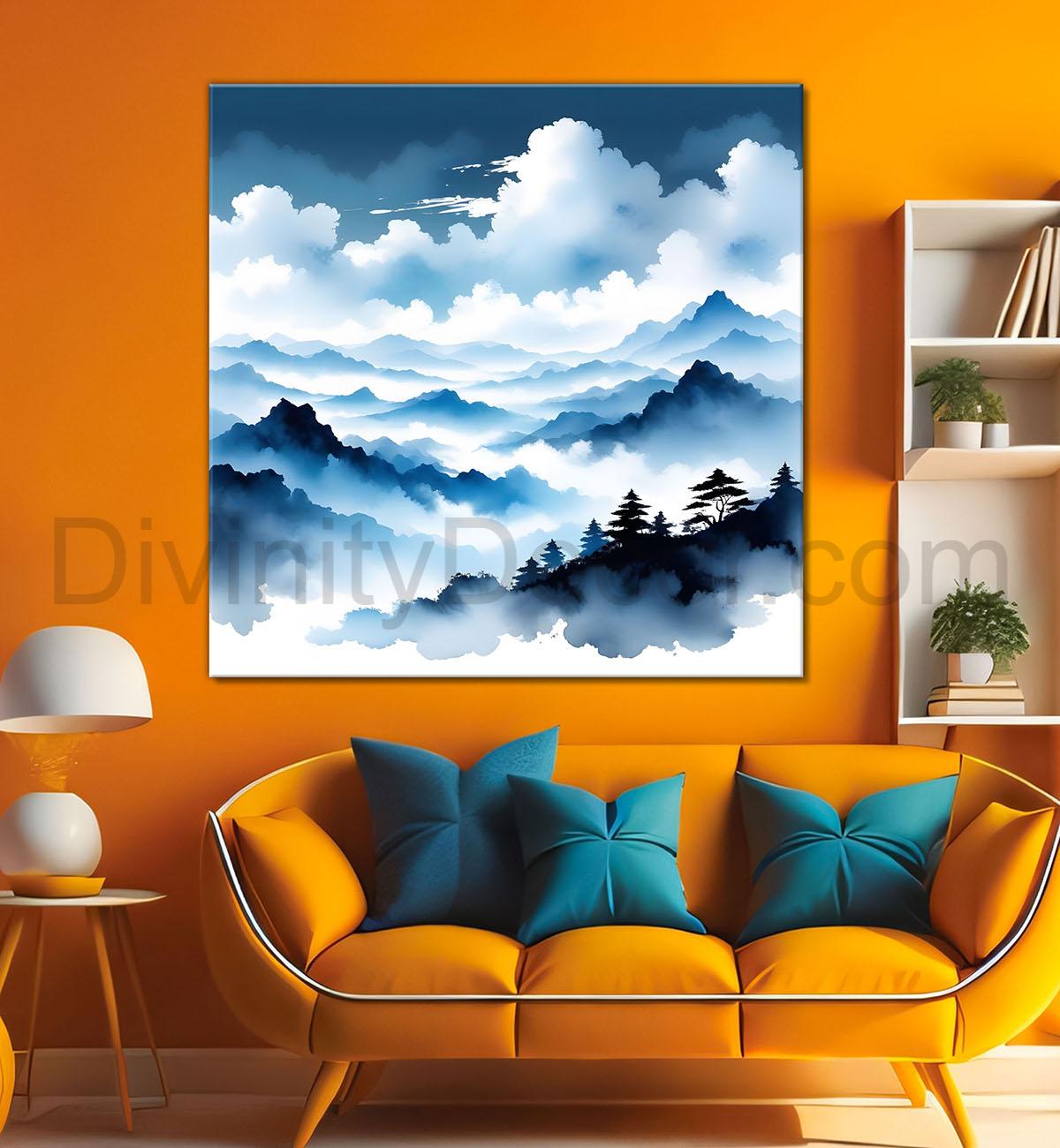 Mountains in the clouds water colour painting   24X24  - Nature Art -S-97