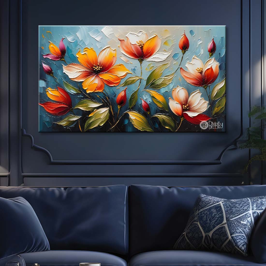 Colorful flowers with blue textured background painting- Design - Flower-97