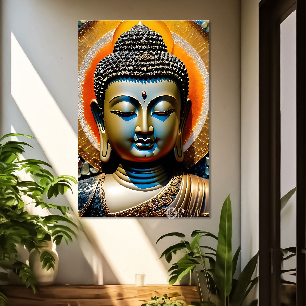 Golden buddha with orange background textured painting  - Buddha-V-97