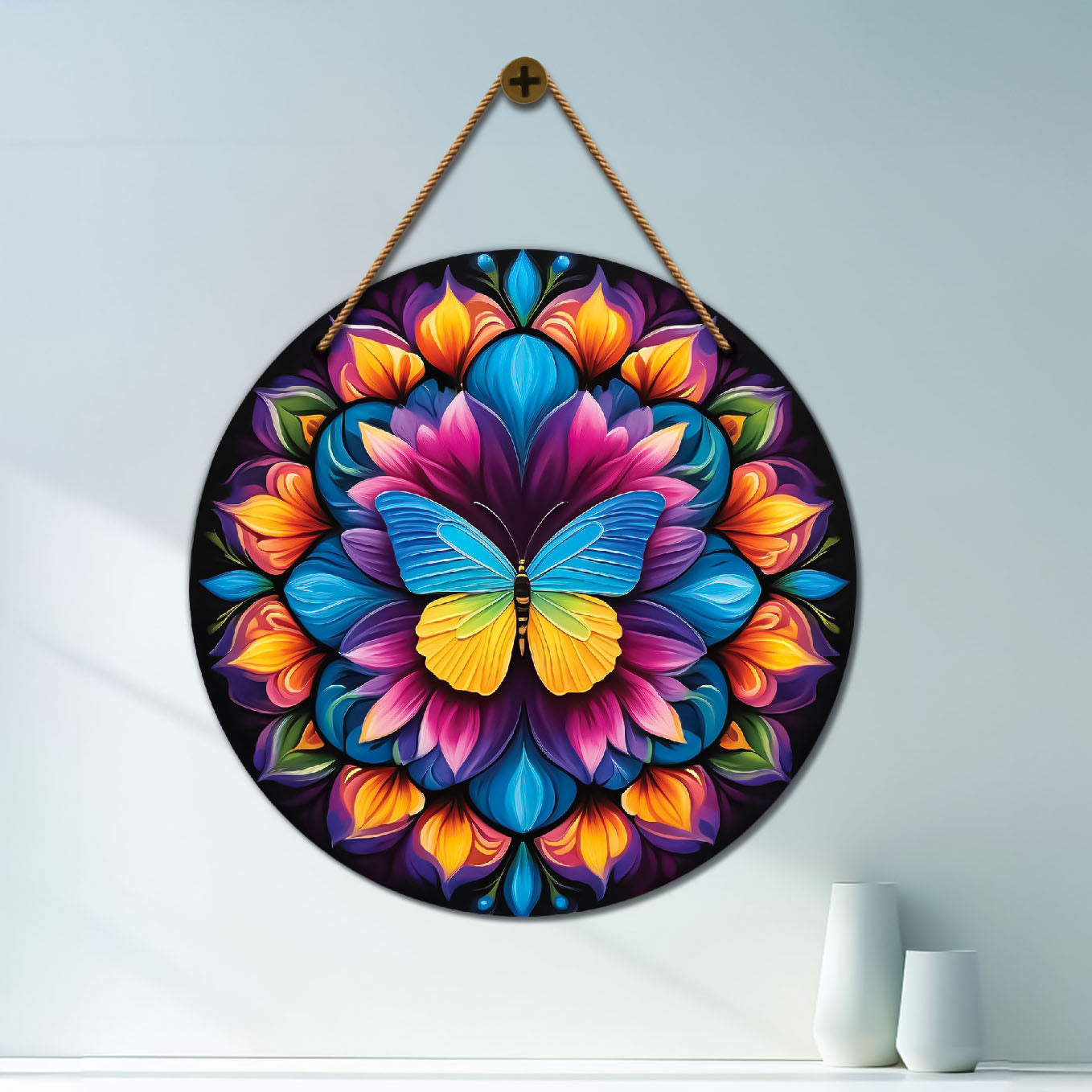 Butterfly in orange and blue mandala Round Wooden Wall Hanging for wall Décor - Design - 97