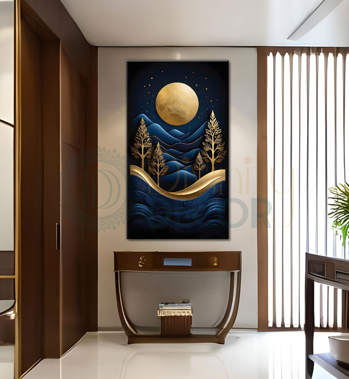 Blue mountains with golden trees and moon in textured painting Canvas Painting - Nature Art -V-97