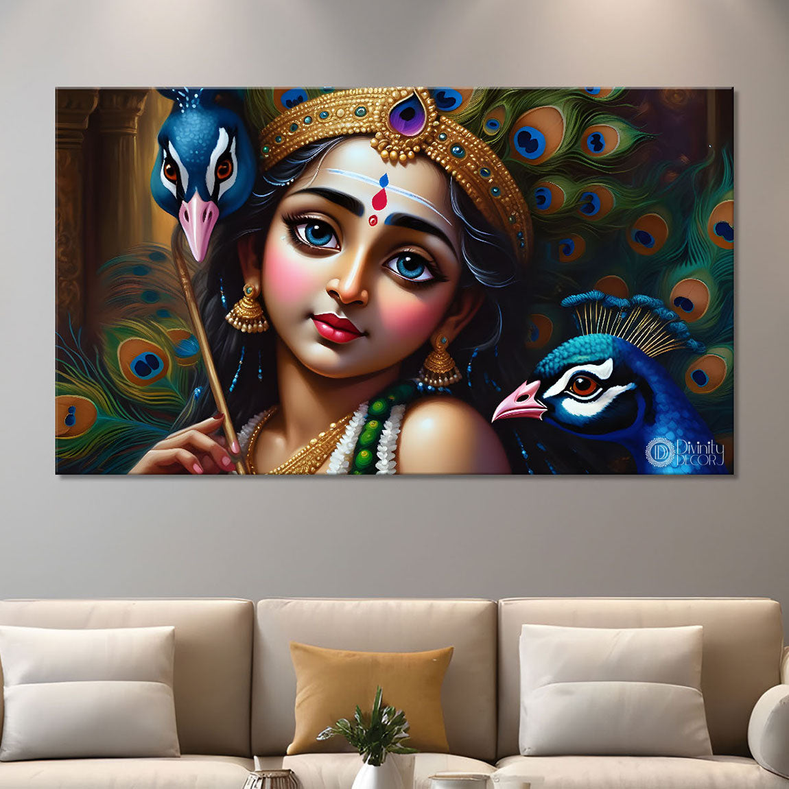Little Krishna with peacock painting Canvas Painting - Design - Krishna-98